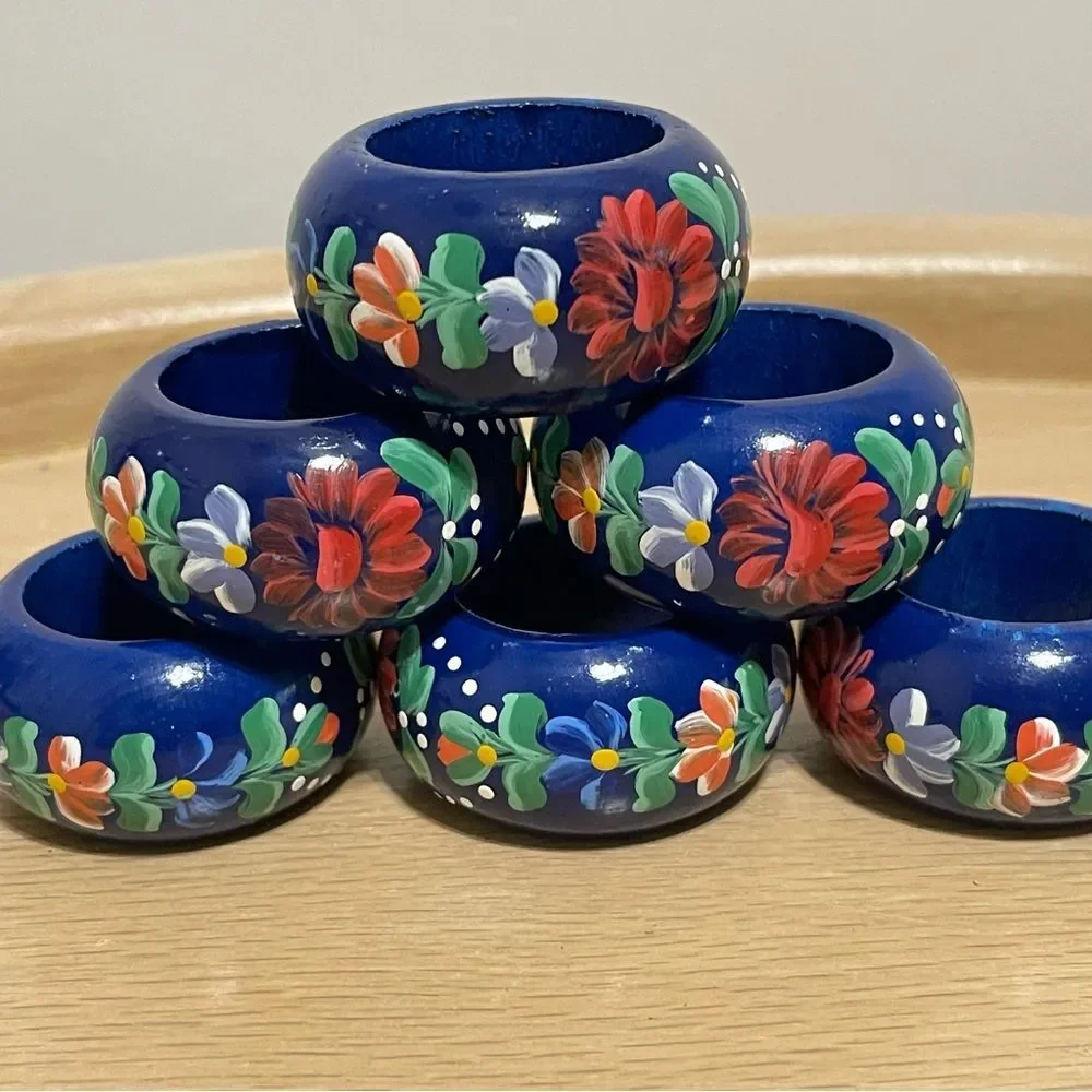 Hand-Painted Blue Floral Wood Napkin Rings Colorful Cottage Artsy Ornate 6 Set